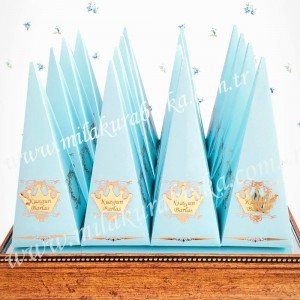 Karton Külah Kutu Gold Varaklı Mavi - Lokumluk - Şeker Kutusu - Mevlüt Şekeri - Boş